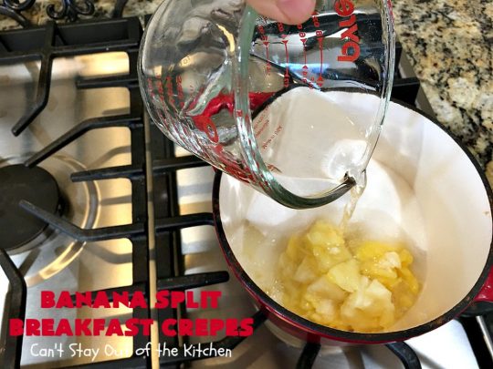 Banana Split Breakfast Crêpes | Can't Stay Out of the Kitchen | these spectacular #breakfast #crêpes will rock your world! They're filling with a #pineapple filling & sliced #bananas. Then garnished with #walnuts, bananas #MaraschinoCherries & whipped cream. Perfect for a company or #holiday breakfast. #BreakfastCrêpes #BananaSplit #BananaSplitBreakfastCrêpes