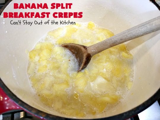Banana Split Breakfast Crêpes | Can't Stay Out of the Kitchen | these spectacular #breakfast #crêpes will rock your world! They're filling with a #pineapple filling & sliced #bananas. Then garnished with #walnuts, bananas #MaraschinoCherries & whipped cream. Perfect for a company or #holiday breakfast. #BreakfastCrêpes #BananaSplit #BananaSplitBreakfastCrêpes
