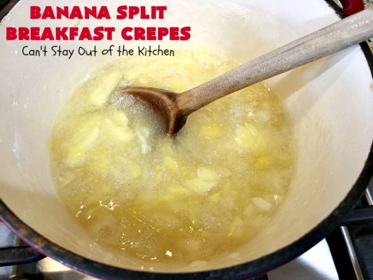Banana Split Breakfast Crêpes | Can't Stay Out of the Kitchen | these spectacular #breakfast #crêpes will rock your world! They're filling with a #pineapple filling & sliced #bananas. Then garnished with #walnuts, bananas #MaraschinoCherries & whipped cream. Perfect for a company or #holiday breakfast. #BreakfastCrêpes #BananaSplit #BananaSplitBreakfastCrêpes