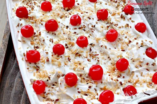 Banana Split Dessert | Can't Stay Out of the Kitchen | this fabulous #dessert is perfect for the #holidays. It's like eating #BananaSplits! #bananas #pineapple #cherries