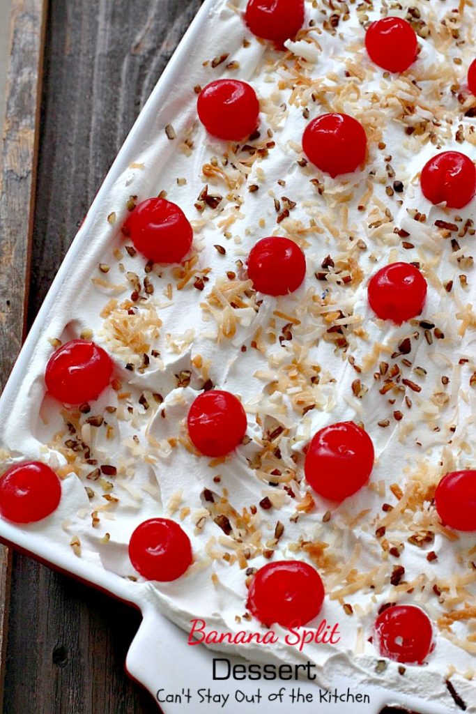 Banana Split Dessert | Can't Stay Out of the Kitchen | this fabulous #dessert is perfect for the #holidays. It's like eating #BananaSplits! #bananas #pineapple #cherries