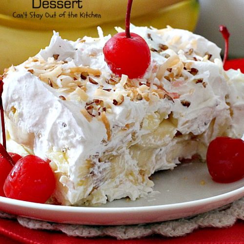 Banana Split Dessert | Can't Stay Out of the Kitchen | this fabulous #dessert is perfect for the #holidays. It's like eating #BananaSplits! #bananas #pineapple #cherries