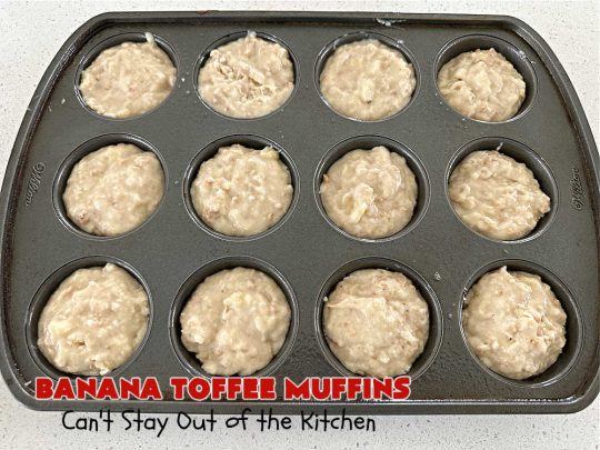 Banana Toffee Muffins | Can't Stay Out of the Kitchen | These outrageous #muffins include #bananas, #applesauce & #HeathEnglishToffeeBits for an explosion of flavor your family & friends will love. Perfect for family, company or a #holiday #breakfast or #brunch. Great snacks for #tailgating parties too. #toffee #BananaMuffins #BananaToffeeMuffins
