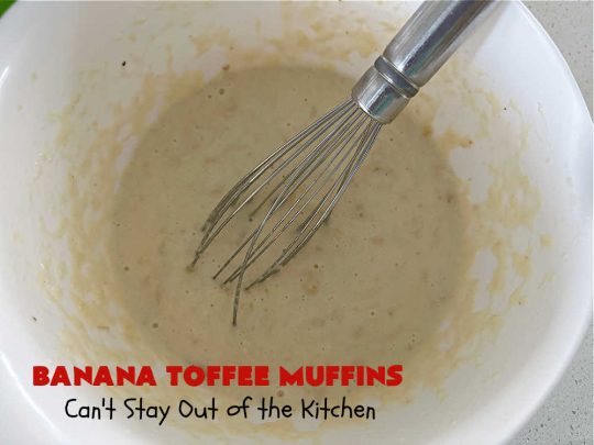 Banana Toffee Muffins | Can't Stay Out of the Kitchen | These outrageous #muffins include #bananas, #applesauce & #HeathEnglishToffeeBits for an explosion of flavor your family & friends will love. Perfect for family, company or a #holiday #breakfast or #brunch. Great snacks for #tailgating parties too. #toffee #BananaMuffins #BananaToffeeMuffins