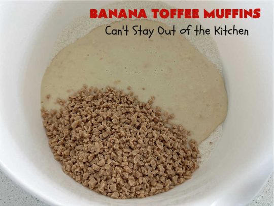 Banana Toffee Muffins | Can't Stay Out of the Kitchen | These outrageous #muffins include #bananas, #applesauce & #HeathEnglishToffeeBits for an explosion of flavor your family & friends will love. Perfect for family, company or a #holiday #breakfast or #brunch. Great snacks for #tailgating parties too. #toffee #BananaMuffins #BananaToffeeMuffins