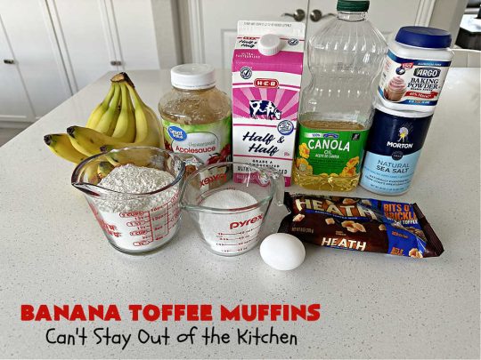 Banana Toffee Muffins | Can't Stay Out of the Kitchen | These outrageous #muffins include #bananas, #applesauce & #HeathEnglishToffeeBits for an explosion of flavor your family & friends will love. Perfect for family, company or a #holiday #breakfast or #brunch. Great snacks for #tailgating parties too. #toffee #BananaMuffins #BananaToffeeMuffins