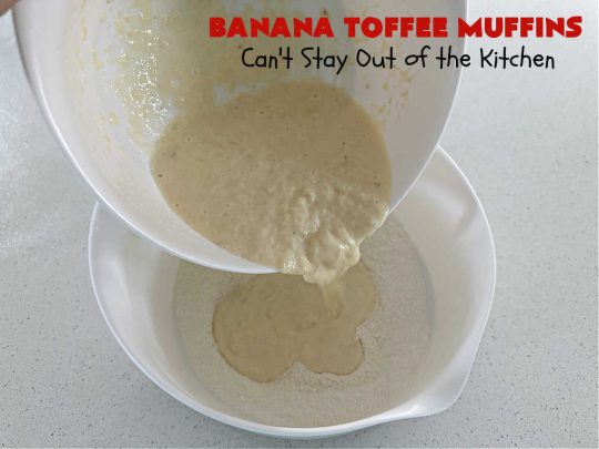 Banana Toffee Muffins | Can't Stay Out of the Kitchen | These outrageous #muffins include #bananas, #applesauce & #HeathEnglishToffeeBits for an explosion of flavor your family & friends will love. Perfect for family, company or a #holiday #breakfast or #brunch. Great snacks for #tailgating parties too. #toffee #BananaMuffins #BananaToffeeMuffins