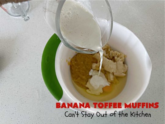 Banana Toffee Muffins | Can't Stay Out of the Kitchen | These outrageous #muffins include #bananas, #applesauce & #HeathEnglishToffeeBits for an explosion of flavor your family & friends will love. Perfect for family, company or a #holiday #breakfast or #brunch. Great snacks for #tailgating parties too. #toffee #BananaMuffins #BananaToffeeMuffins