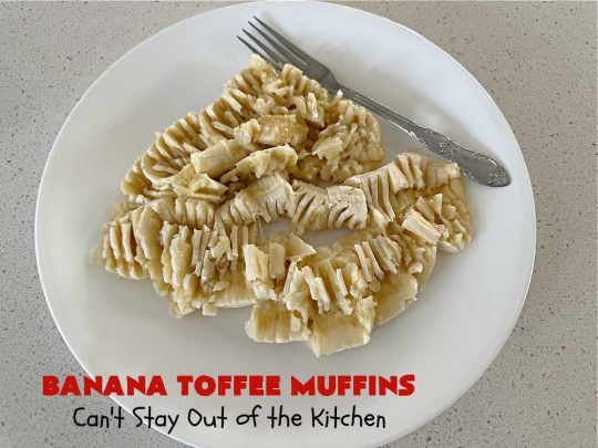 Banana Toffee Muffins | Can't Stay Out of the Kitchen | These outrageous #muffins include #bananas, #applesauce & #HeathEnglishToffeeBits for an explosion of flavor your family & friends will love. Perfect for family, company or a #holiday #breakfast or #brunch. Great snacks for #tailgating parties too. #toffee #BananaMuffins #BananaToffeeMuffins