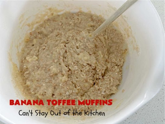 Banana Toffee Muffins | Can't Stay Out of the Kitchen | These outrageous #muffins include #bananas, #applesauce & #HeathEnglishToffeeBits for an explosion of flavor your family & friends will love. Perfect for family, company or a #holiday #breakfast or #brunch. Great snacks for #tailgating parties too. #toffee #BananaMuffins #BananaToffeeMuffins