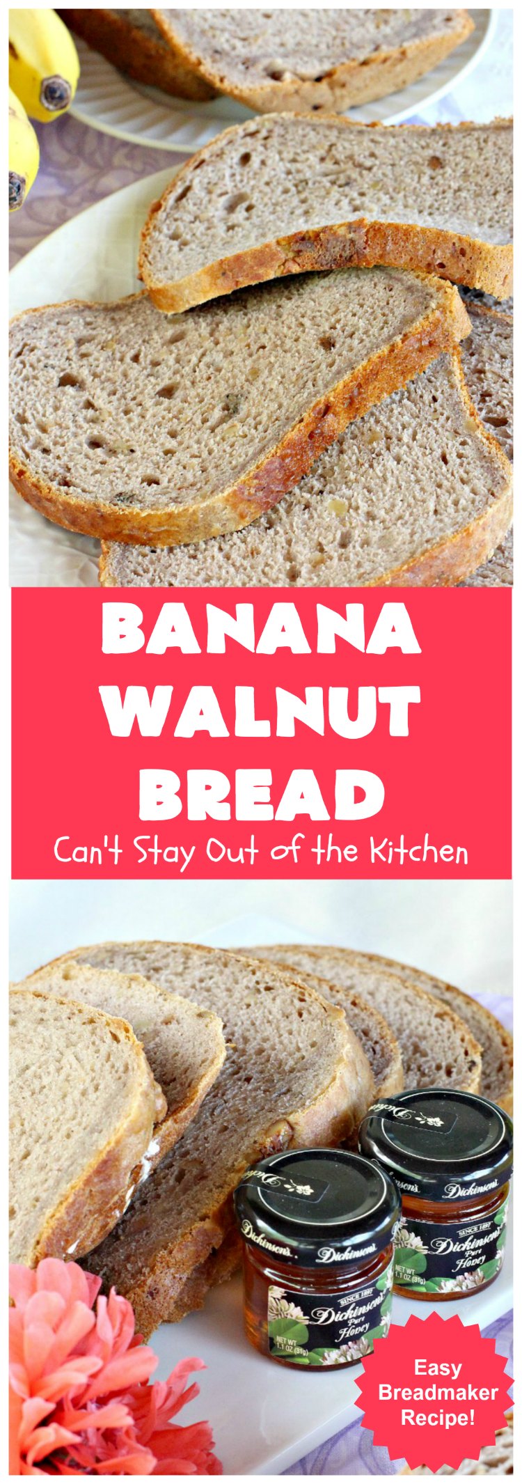 Banana Walnut Bread | Can't Stay Out of the Kitchen | this wholesome #BananaBread #recipe is so easy since it's tossed in the #breadmaker. It's light and fluffy and great for any kind of side dish or for #breakfast. #bread #BananaWalnutBread #HomeBakedBread #walnuts