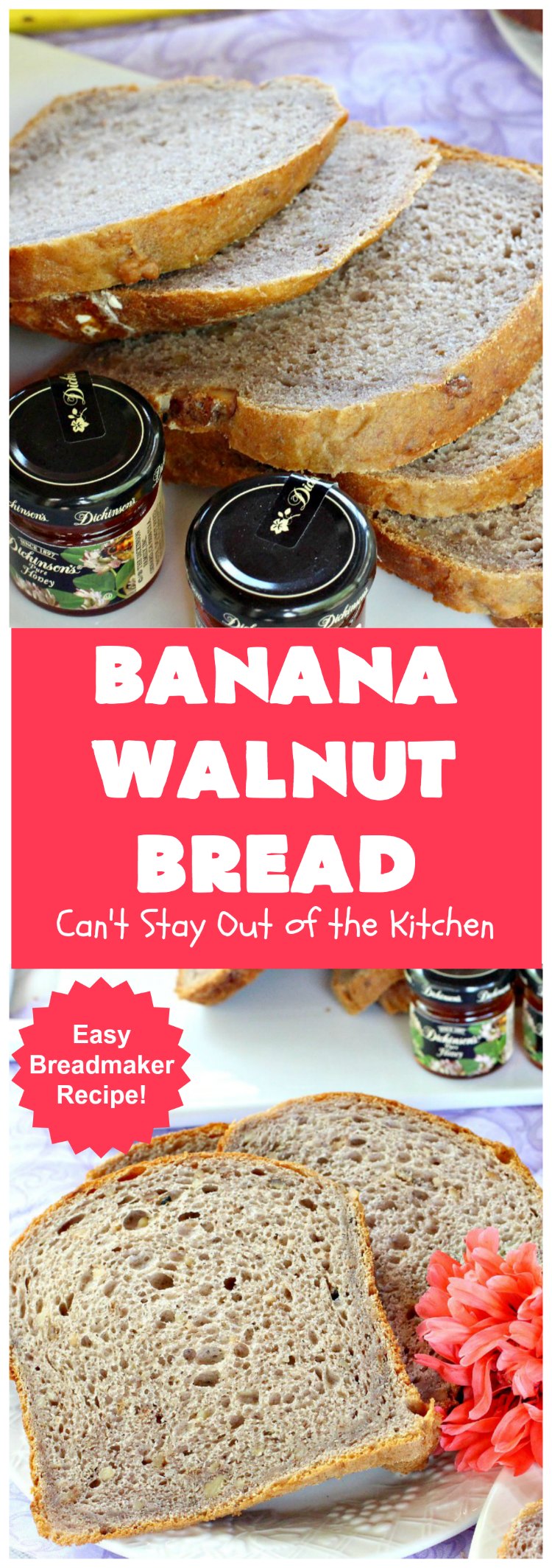 Banana Walnut Bread | Can't Stay Out of the Kitchen | this wholesome #BananaBread #recipe is so easy since it's tossed in the #breadmaker. It's light and fluffy and great for any kind of side dish or for #breakfast. #bread #BananaWalnutBread #HomeBakedBread #walnuts