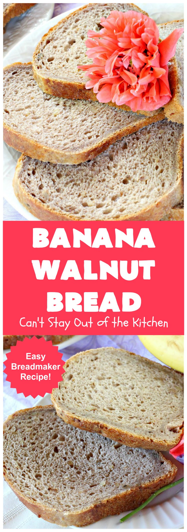 Banana Walnut Bread | Can't Stay Out of the Kitchen | this wholesome #BananaBread #recipe is so easy since it's tossed in the #breadmaker. It's light and fluffy and great for any kind of side dish or for #breakfast. #bread #BananaWalnutBread #HomeBakedBread #walnuts