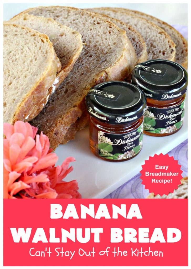Banana Walnut Bread | Can't Stay Out of the Kitchen | this wholesome #BananaBread #recipe is so easy since it's tossed in the #breadmaker. It's light and fluffy and great for any kind of side dish or for #breakfast. #bread #BananaWalnutBread #HomeBakedBread #walnuts