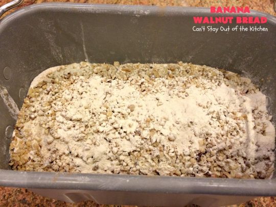Banana Walnut Bread | Can't Stay Out of the Kitchen | this wholesome #BananaBread #recipe is so easy since it's tossed in the #breadmaker. It's light and fluffy and great for any kind of side dish or for #breakfast. #bread #BananaWalnutBread #HomeBakedBread #walnuts