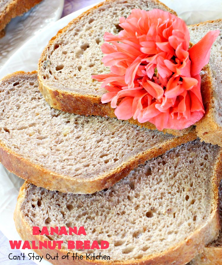 Banana Walnut Bread | Can't Stay Out of the Kitchen | this wholesome #BananaBread #recipe is so easy since it's tossed in the #breadmaker. It's light and fluffy and great for any kind of side dish or for #breakfast. #bread #BananaWalnutBread #HomeBakedBread #walnuts