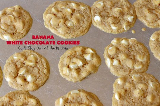 Banana White Chocolate Cookies | Can't Stay Out of the Kitchen | these 4-ingredient #cookies are irresistible. Plus, they can be whipped up in under 30 minutes! Perfect #dessert for #holiday parties and #ChristmasCookieExchanges when you're busy & short on time. #tailgating #bananas #CakeMixCookies #chocolate #baking #BananaDessert #WhiteChocolateChips #ChocolateDessert