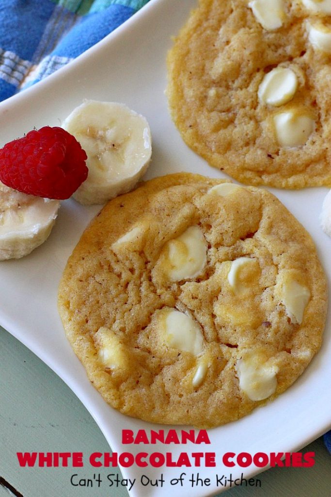 Banana White Chocolate Cookies | Can't Stay Out of the Kitchen | these 4-ingredient #cookies are irresistible. Plus, they can be whipped up in under 30 minutes! Perfect #dessert for #holiday parties and #ChristmasCookieExchanges when you're busy & short on time. #tailgating #bananas #CakeMixCookies #chocolate #baking #BananaDessert #WhiteChocolateChips #ChocolateDessert