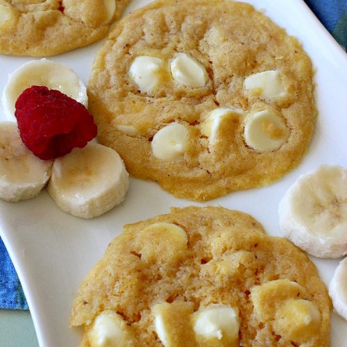 Banana White Chocolate Cookies | Can't Stay Out of the Kitchen | these 4-ingredient #cookies are irresistible. Plus, they can be whipped up in under 30 minutes! Perfect #dessert for #holiday parties and #ChristmasCookieExchanges when you're busy & short on time. #tailgating #bananas #CakeMixCookies #chocolate #baking #BananaDessert #WhiteChocolateChips #ChocolateDessert