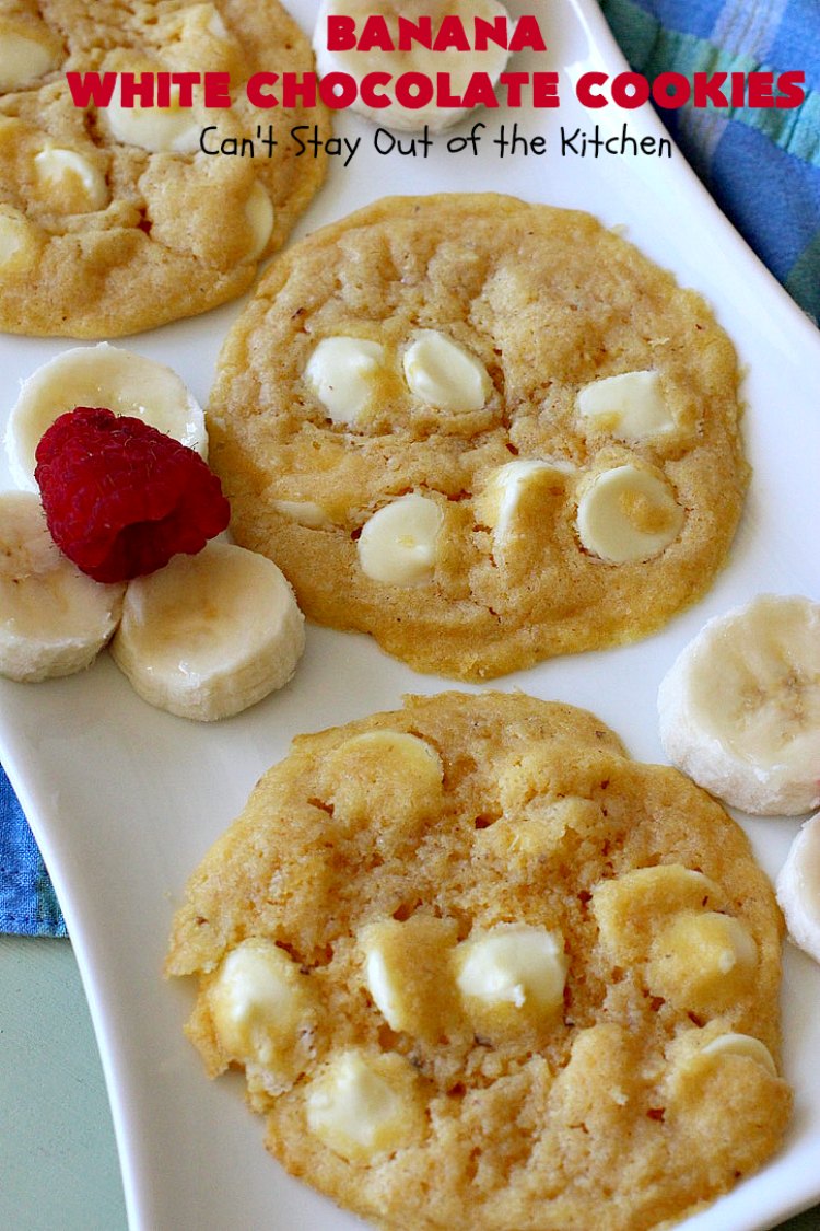 Banana White Chocolate Cookies | Can't Stay Out of the Kitchen | these 4-ingredient #cookies are irresistible. Plus, they can be whipped up in under 30 minutes! Perfect #dessert for #holiday parties and #ChristmasCookieExchanges when you're busy & short on time. #tailgating #bananas #CakeMixCookies #chocolate #baking #BananaDessert #WhiteChocolateChips #ChocolateDessert