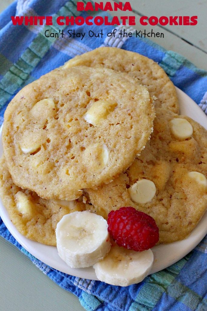 Banana White Chocolate Cookies | Can't Stay Out of the Kitchen | these 4-ingredient #cookies are irresistible. Plus, they can be whipped up in under 30 minutes! Perfect #dessert for #holiday parties and #ChristmasCookieExchanges when you're busy & short on time. #tailgating #bananas #CakeMixCookies #chocolate #baking #BananaDessert #WhiteChocolateChips #ChocolateDessert