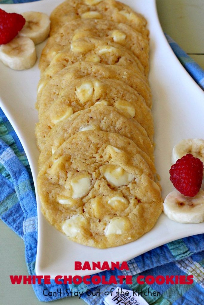 Banana White Chocolate Cookies | Can't Stay Out of the Kitchen | these 4-ingredient #cookies are irresistible. Plus, they can be whipped up in under 30 minutes! Perfect #dessert for #holiday parties and #ChristmasCookieExchanges when you're busy & short on time. #tailgating #bananas #CakeMixCookies #chocolate #baking #BananaDessert #WhiteChocolateChips #ChocolateDessert