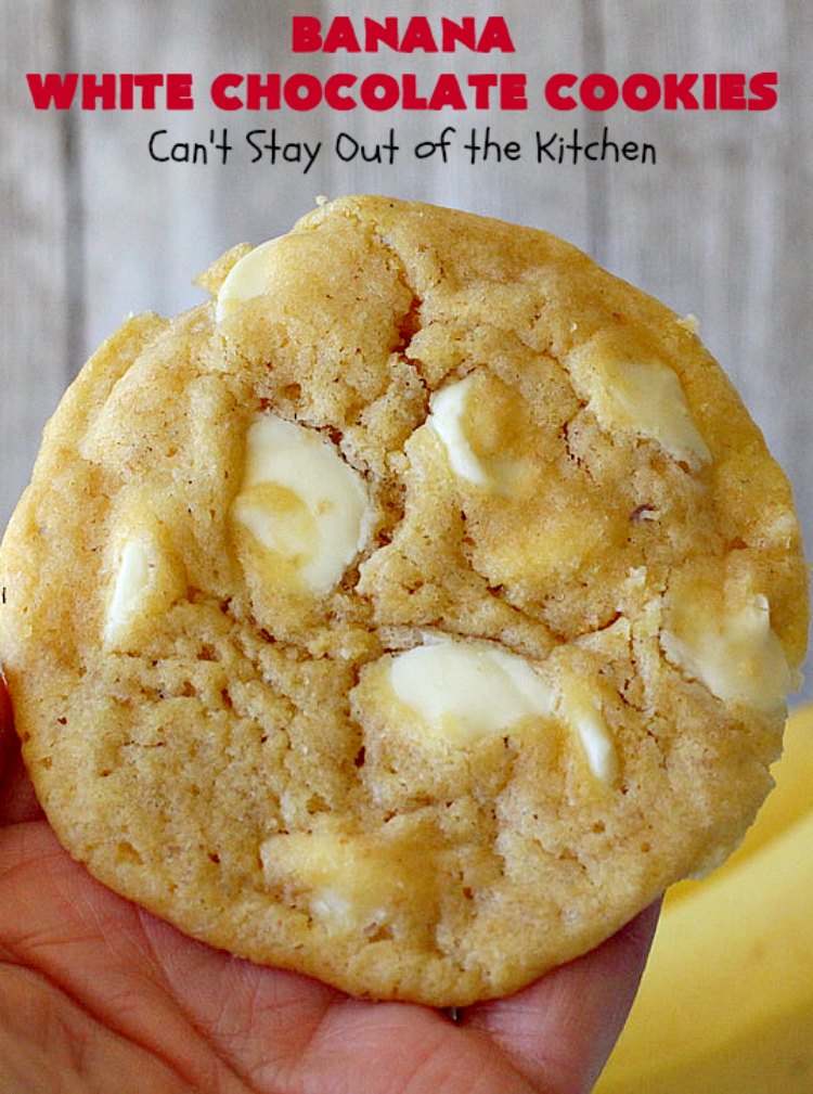 Banana White Chocolate Cookies | Can't Stay Out of the Kitchen | these 4-ingredient #cookies are irresistible. Plus, they can be whipped up in under 30 minutes! Perfect #dessert for #holiday parties and #ChristmasCookieExchanges when you're busy & short on time. #tailgating #bananas #CakeMixCookies #chocolate #baking #BananaDessert #WhiteChocolateChips #ChocolateDessert