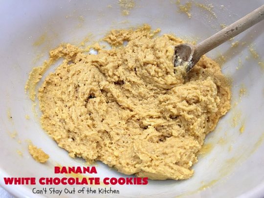 Banana White Chocolate Cookies | Can't Stay Out of the Kitchen | these 4-ingredient #cookies are irresistible. Plus, they can be whipped up in under 30 minutes! Perfect #dessert for #holiday parties and #ChristmasCookieExchanges when you're busy & short on time. #tailgating #bananas #CakeMixCookies #chocolate #baking #BananaDessert #WhiteChocolateChips #ChocolateDessert