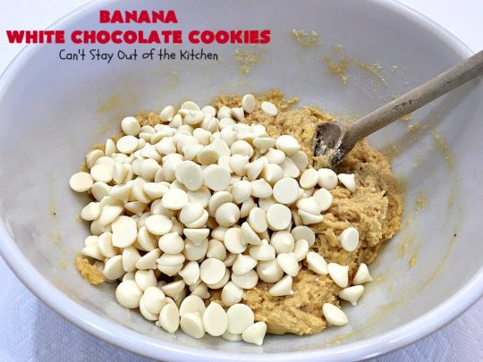 Banana White Chocolate Cookies | Can't Stay Out of the Kitchen | these 4-ingredient #cookies are irresistible. Plus, they can be whipped up in under 30 minutes! Perfect #dessert for #holiday parties and #ChristmasCookieExchanges when you're busy & short on time. #tailgating #bananas #CakeMixCookies #chocolate #baking #BananaDessert #WhiteChocolateChips #ChocolateDessert