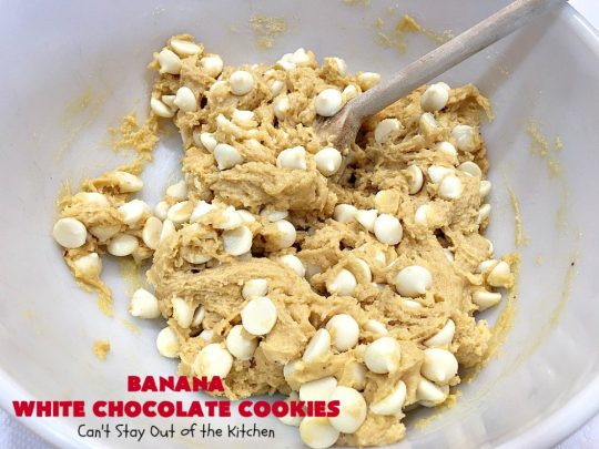 Banana White Chocolate Cookies | Can't Stay Out of the Kitchen | these 4-ingredient #cookies are irresistible. Plus, they can be whipped up in under 30 minutes! Perfect #dessert for #holiday parties and #ChristmasCookieExchanges when you're busy & short on time. #tailgating #bananas #CakeMixCookies #chocolate #baking #BananaDessert #WhiteChocolateChips #ChocolateDessert