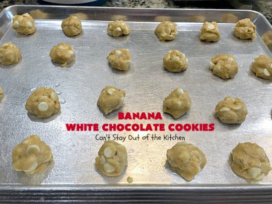Banana White Chocolate Cookies | Can't Stay Out of the Kitchen | these 4-ingredient #cookies are irresistible. Plus, they can be whipped up in under 30 minutes! Perfect #dessert for #holiday parties and #ChristmasCookieExchanges when you're busy & short on time. #tailgating #bananas #CakeMixCookies #chocolate #baking #BananaDessert #WhiteChocolateChips #ChocolateDessert