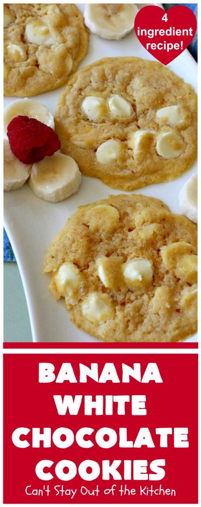 Banana White Chocolate Cookies | Can't Stay Out of the Kitchen | these 4-ingredient #cookies are irresistible. Plus, they can be whipped up in under 30 minutes! Perfect #dessert for #holiday parties and #ChristmasCookieExchanges when you're busy & short on time. #tailgating #bananas #CakeMixCookies #chocolate #baking #BananaDessert #WhiteChocolateChips #ChocolateDessert