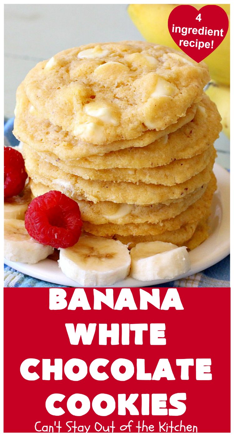 Banana White Chocolate Cookies | Can't Stay Out of the Kitchen | these 4-ingredient #cookies are irresistible. Plus, they can be whipped up in under 30 minutes! Perfect #dessert for #holiday parties and #ChristmasCookieExchanges when you're busy & short on time. #tailgating #bananas #CakeMixCookies #chocolate #baking #BananaDessert #WhiteChocolateChips #ChocolateDessert