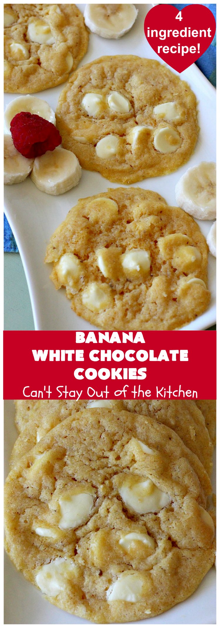 Banana White Chocolate Cookies | Can't Stay Out of the Kitchen | these 4-ingredient #cookies are irresistible. Plus, they can be whipped up in under 30 minutes! Perfect #dessert for #holiday parties and #ChristmasCookieExchanges when you're busy & short on time. #tailgating #bananas #CakeMixCookies #chocolate #baking #BananaDessert #WhiteChocolateChips #ChocolateDessert