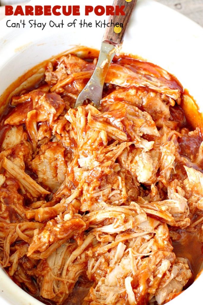 Barbecue Pork | Can't Stay Out of the Kitchen | this is the BEST pulled #pork #recipe ever! We serve it on onion rolls, plain or stuffed in baked potatoes. It's finger lickin' good! The homemade #BBQ sauce is amazing. #BarbecuePork #PulledPork #Sandwich #Crockpot #BBQPorkSandwiches #SlowCooker