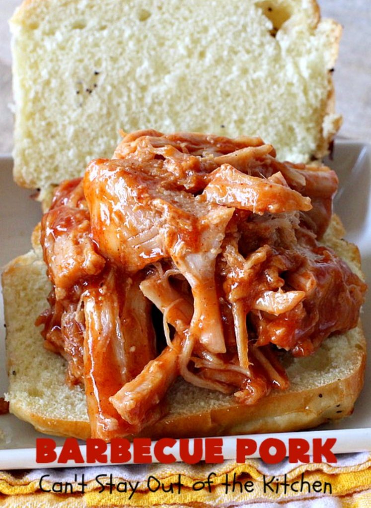 Barbecue Pork | Can't Stay Out of the Kitchen | this is the BEST pulled #pork #recipe ever! We serve it on onion rolls, plain or stuffed in baked potatoes. It's finger lickin' good! The homemade #BBQ sauce is amazing. #BarbecuePork #PulledPork #Sandwich #Crockpot #BBQPorkSandwiches #SlowCooker