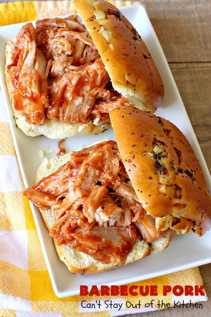 Barbecue Pork | Can't Stay Out of the Kitchen | this is the BEST pulled #pork #recipe ever! We serve it on onion rolls, plain or stuffed in baked potatoes. It's finger lickin' good! The homemade #BBQ sauce is amazing. #BarbecuePork #PulledPork #Sandwich #Crockpot #BBQPorkSandwiches #SlowCooker