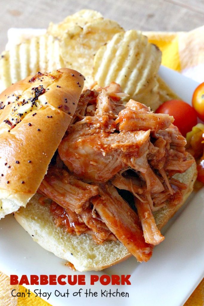 Barbecue Pork | Can't Stay Out of the Kitchen | this is the BEST pulled #pork #recipe ever! We serve it on onion rolls, plain or stuffed in baked potatoes. It's finger lickin' good! The homemade #BBQ sauce is amazing. #BarbecuePork #PulledPork #Sandwich #Crockpot #BBQPorkSandwiches #SlowCooker