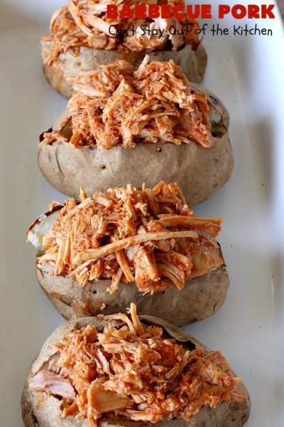 Barbecue Pork | Can't Stay Out of the Kitchen | this is the BEST pulled #pork #recipe ever! We serve it on onion rolls, plain or stuffed in baked potatoes. It's finger lickin' good! The homemade #BBQ sauce is amazing. #BarbecuePork #PulledPork #Sandwich #Crockpot #BBQPorkSandwiches #SlowCooker