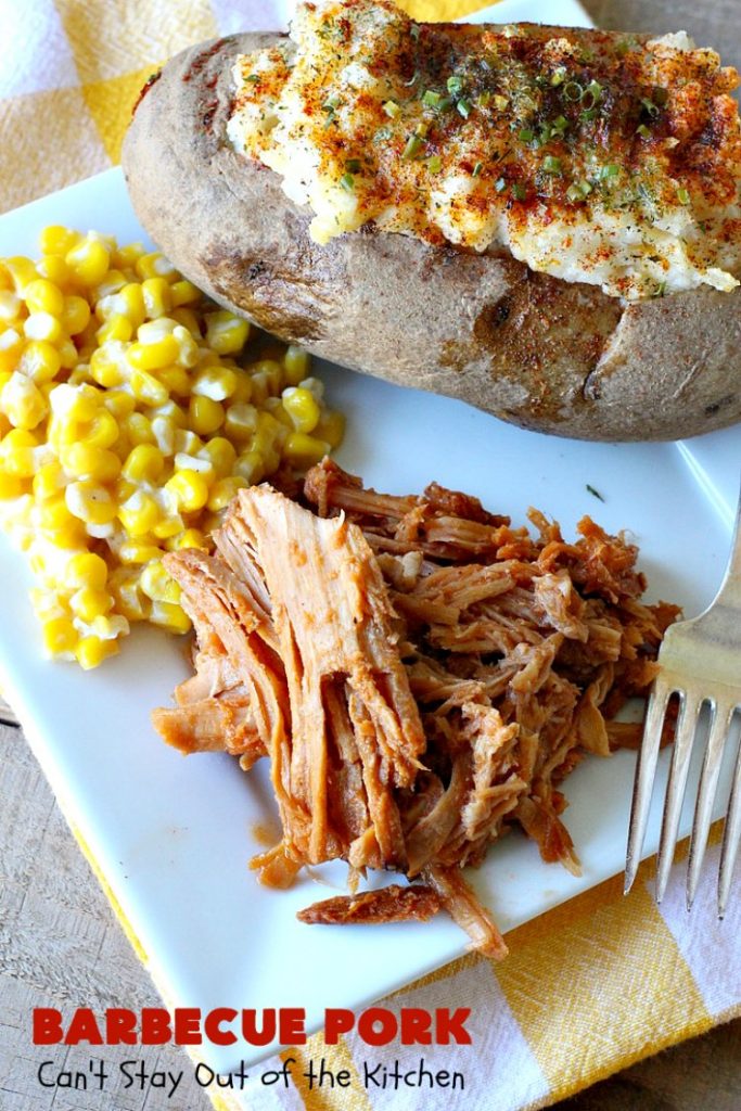 Barbecue Pork | Can't Stay Out of the Kitchen | this is the BEST pulled #pork #recipe ever! We serve it on onion rolls, plain or stuffed in baked potatoes. It's finger lickin' good! The homemade #BBQ sauce is amazing. #BarbecuePork #PulledPork #Sandwich #Crockpot #BBQPorkSandwiches #SlowCooker