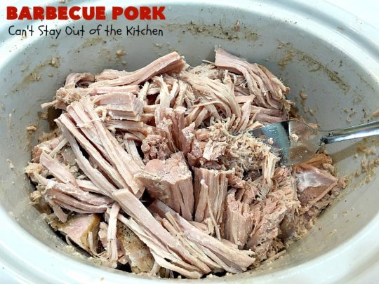 Barbecue Pork | Can't Stay Out of the Kitchen | this is the BEST pulled #pork #recipe ever! We serve it on onion rolls, plain or stuffed in baked potatoes. It's finger lickin' good! The homemade #BBQ sauce is amazing. #BarbecuePork #PulledPork #Sandwich #Crockpot #BBQPorkSandwiches #SlowCooker
