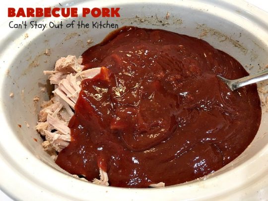 Barbecue Pork | Can't Stay Out of the Kitchen | this is the BEST pulled #pork #recipe ever! We serve it on onion rolls, plain or stuffed in baked potatoes. It's finger lickin' good! The homemade #BBQ sauce is amazing. #BarbecuePork #PulledPork #Sandwich #Crockpot #BBQPorkSandwiches #SlowCooker