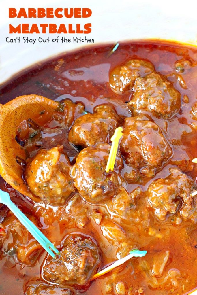 Barbecued Meatballs | Can't Stay Out of the Kitchen | this mouthwatering #slowcooker dish is great as an #appetizer or served over rice for a main dish. Homemade #BBQ sauce is wonderful. The #meatballs are #glutenfree.