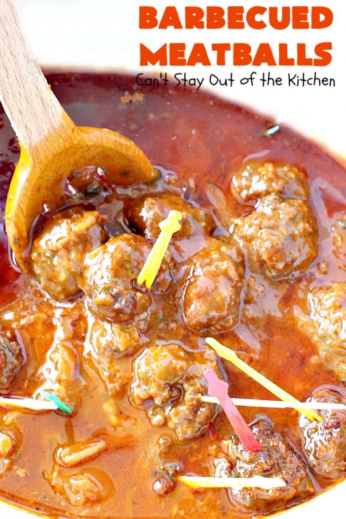 Barbecued Meatballs | Can't Stay Out of the Kitchen | this mouthwatering #slowcooker dish is great as an #appetizer or served over rice for a main dish. Homemade #BBQ sauce is wonderful. The #meatballs are #glutenfree.