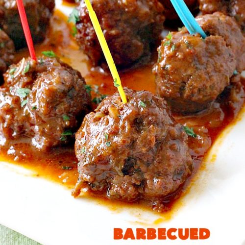 Barbecued Meatballs | Can't Stay Out of the Kitchen | this mouthwatering #slowcooker dish is great as an #appetizer or served over rice for a main dish. Homemade #BBQ sauce is wonderful. The #meatballs are #glutenfree.