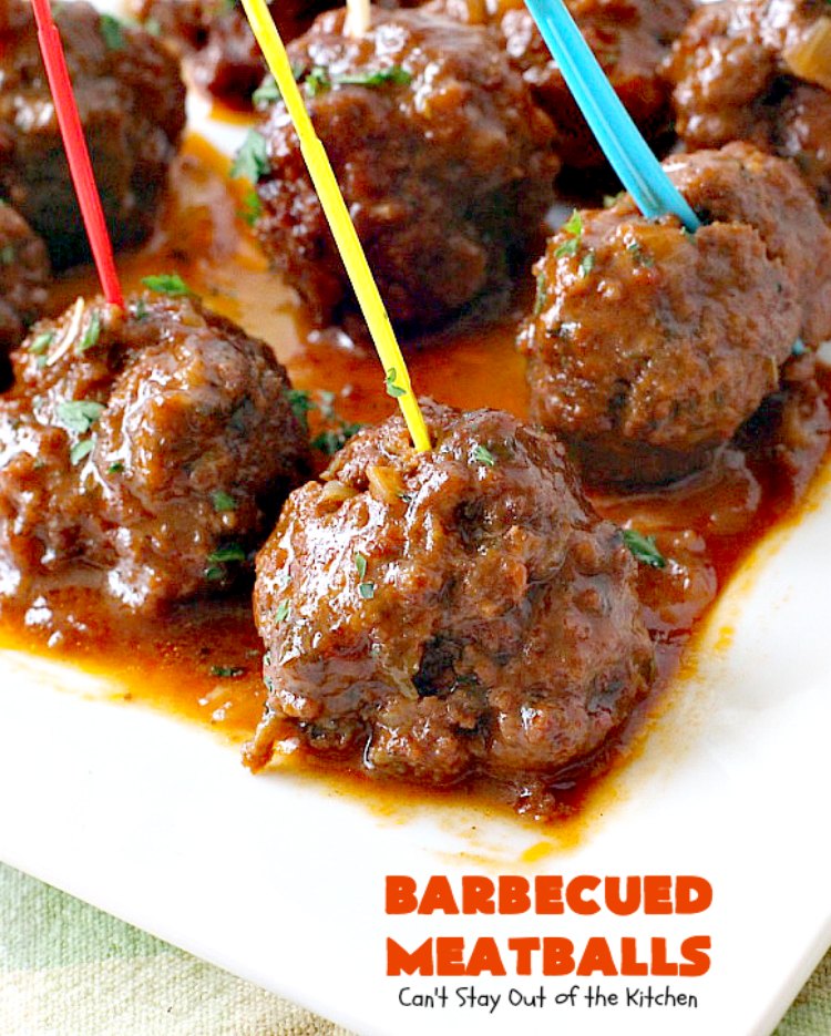 Barbecued Meatballs | Can't Stay Out of the Kitchen | this mouthwatering #slowcooker dish is great as an #appetizer or served over rice for a main dish. Homemade #BBQ sauce is wonderful. The #meatballs are #glutenfree.