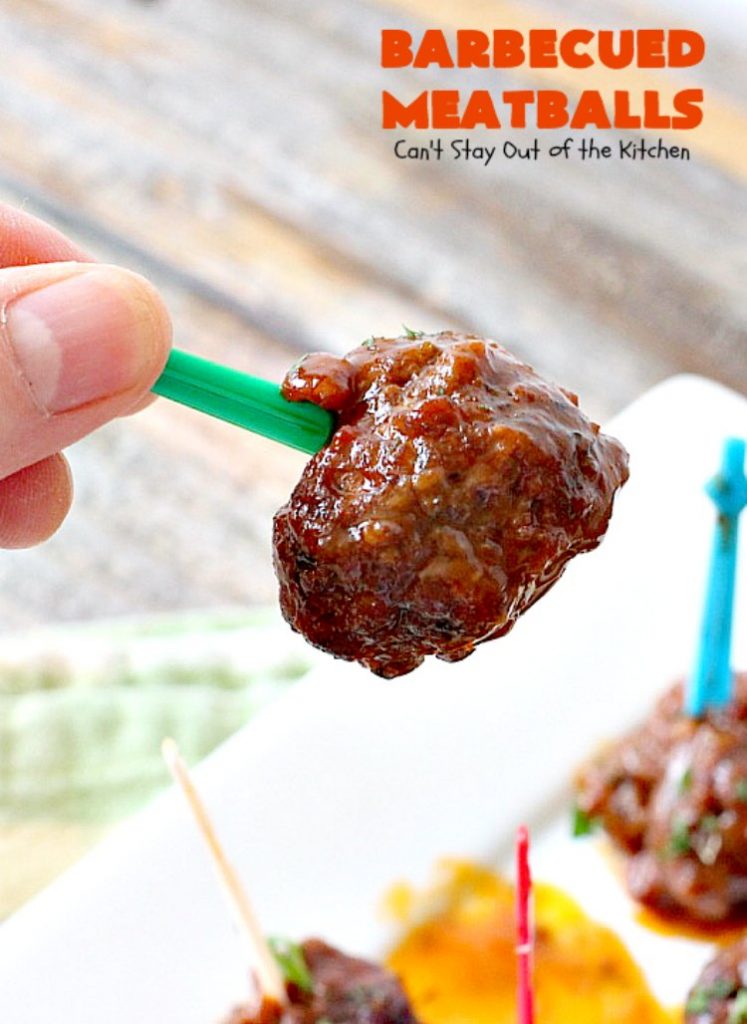 Barbecued Meatballs | Can't Stay Out of the Kitchen | this mouthwatering #slowcooker dish is great as an #appetizer or served over rice for a main dish. Homemade #BBQ sauce is wonderful. The #meatballs are #glutenfree.