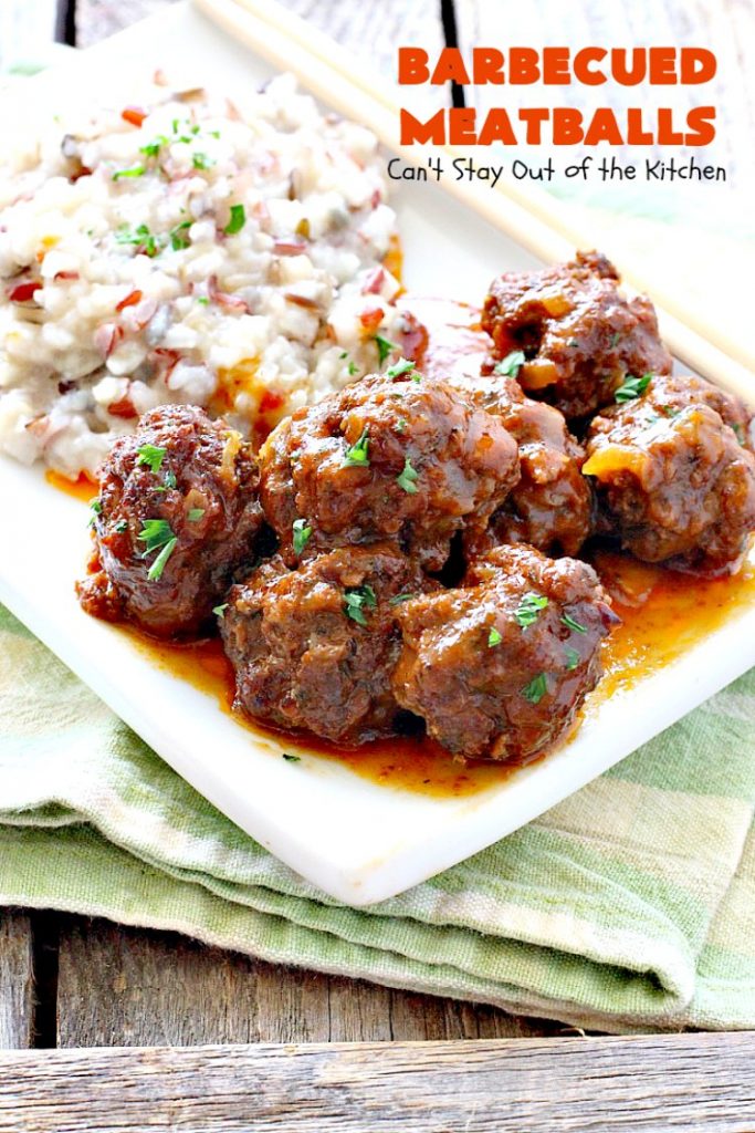 Barbecued Meatballs | Can't Stay Out of the Kitchen | this mouthwatering #slowcooker dish is great as an #appetizer or served over rice for a main dish. Homemade #BBQ sauce is wonderful. The #meatballs are #glutenfree.