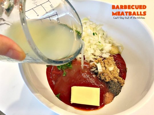 Barbecued Meatballs | Can't Stay Out of the Kitchen | this mouthwatering #slowcooker dish is great as an #appetizer or served over rice for a main dish. Homemade #BBQ sauce is wonderful. The #meatballs are #glutenfree.