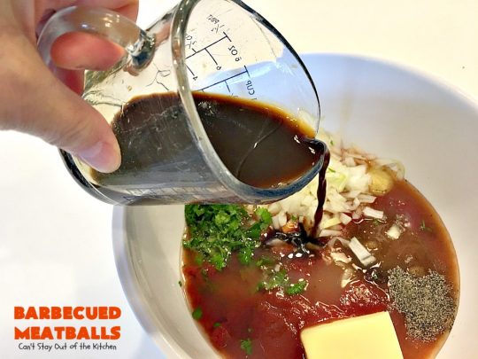 Barbecued Meatballs | Can't Stay Out of the Kitchen | this mouthwatering #slowcooker dish is great as an #appetizer or served over rice for a main dish. Homemade #BBQ sauce is wonderful. The #meatballs are #glutenfree.